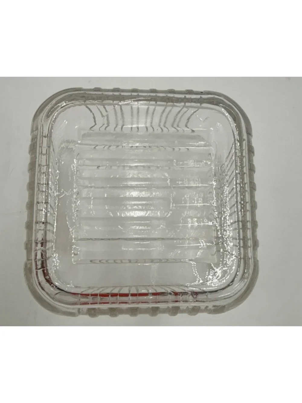 Vintage Clear Glass Refrigerator Ribbed Design Dish With Lid No Chips/Cracks